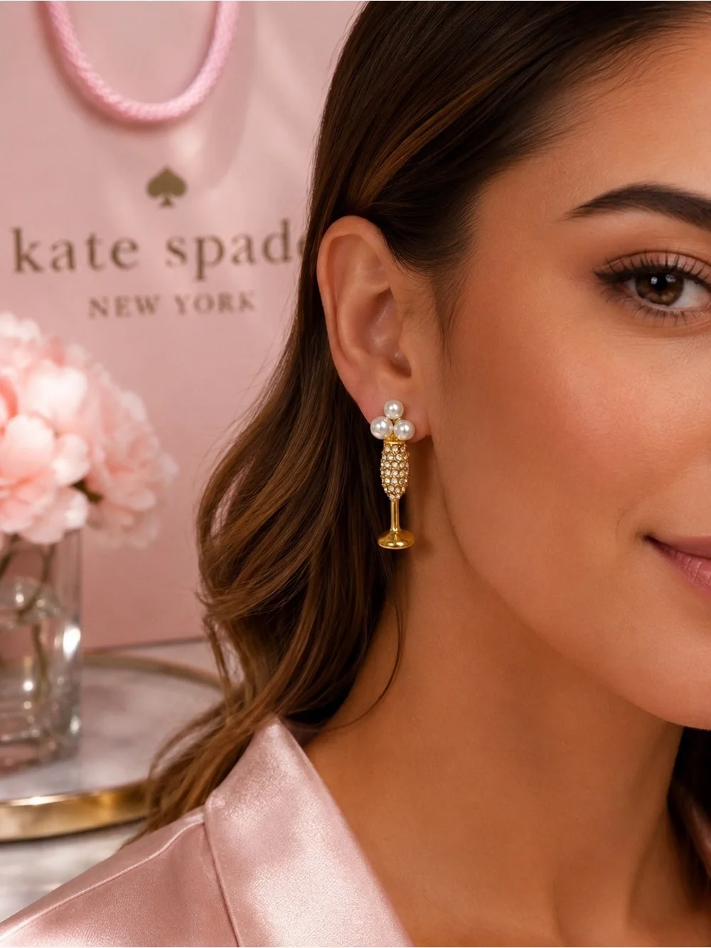 Kate Spade Gold Tone Crystal & Pearl Champagne Flute Stud Earrings